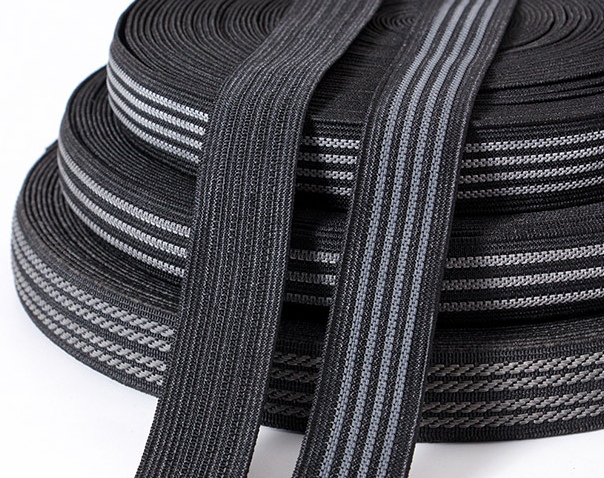 Wubao's elastics blend polyester with natural latex in a detailed pattern