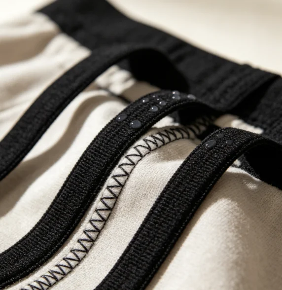 Close-up of sewn black elastic band texture details