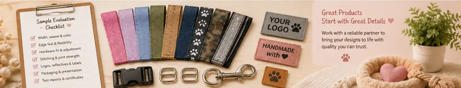 Custom nylon webbing sample evaluation for pet products comparing color, weave, logo, hardware fit, stitching, strength, and packaging
