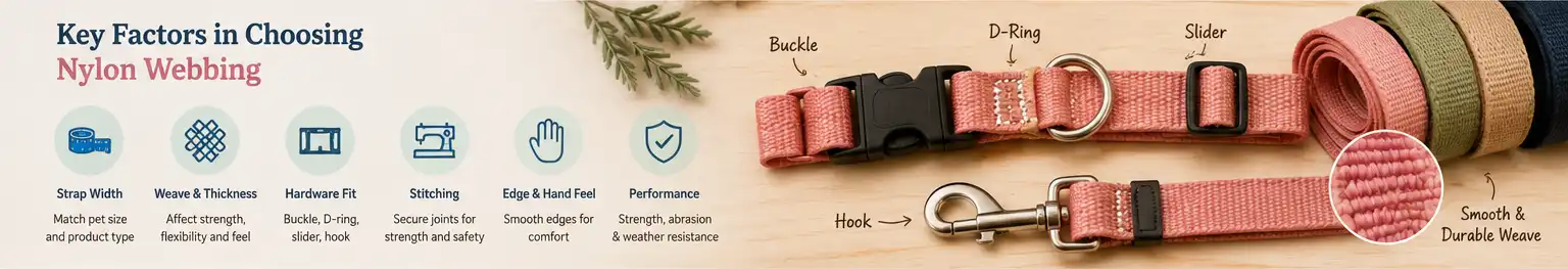 Nylon webbing selection for dog collars showing strap width, buckle, D-ring, slider, stitching, edge feel, and hardware compatibility