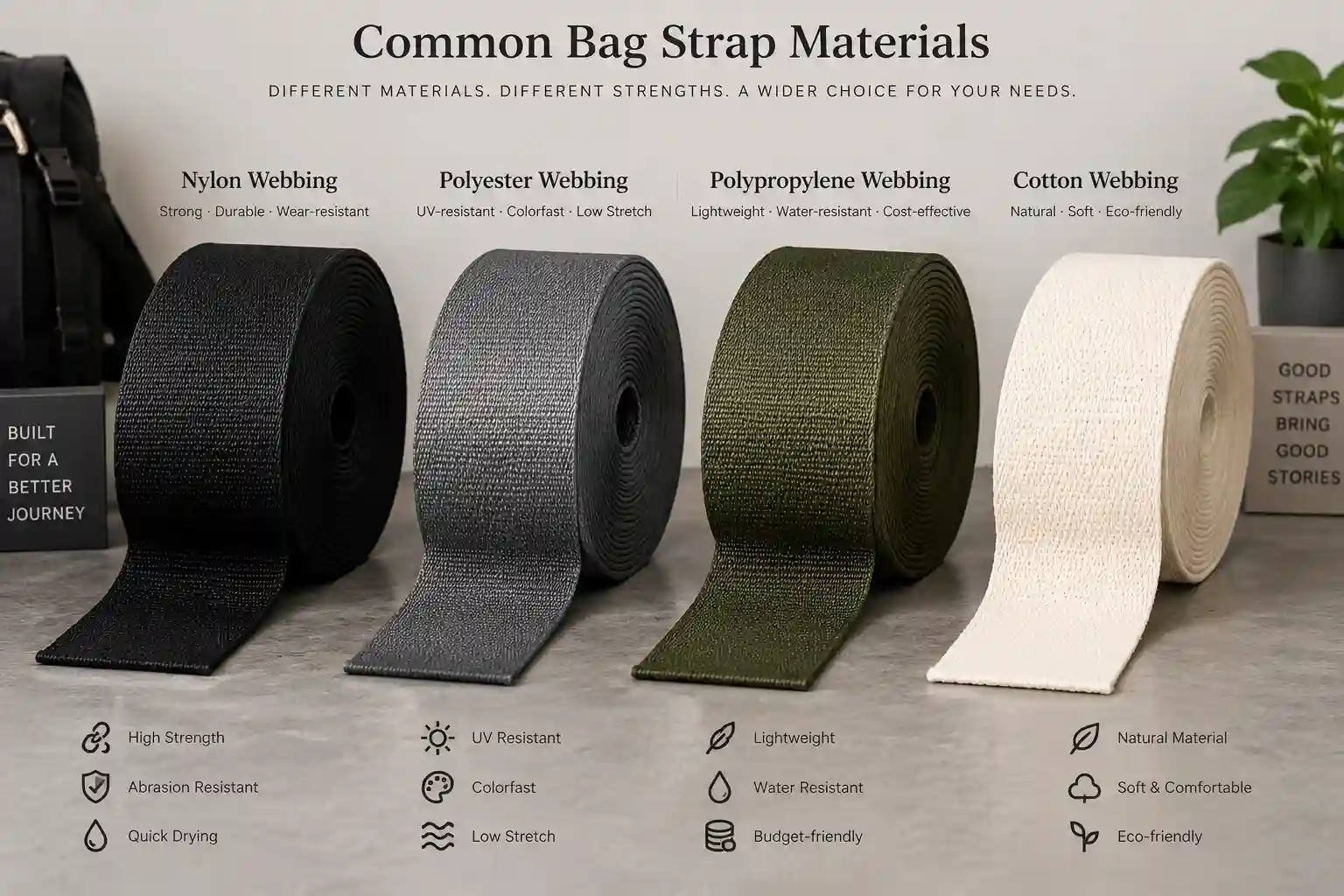 Assorted bag strap materials comparing nylon, polyester, polypropylene, and cotton webbing rolls