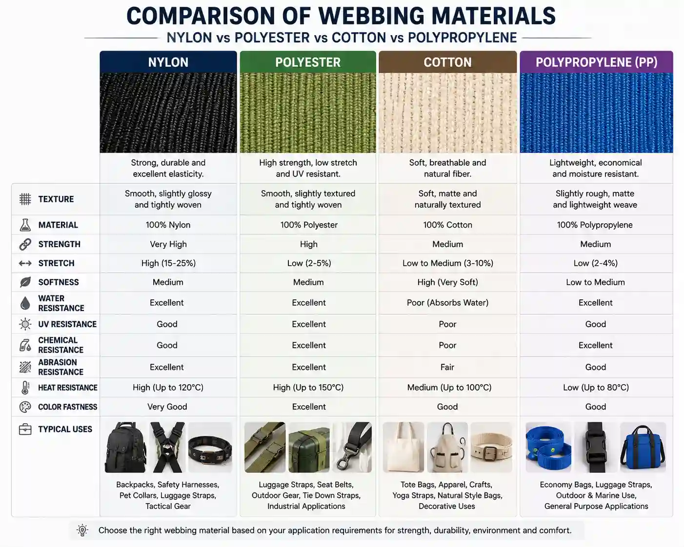 Different types of webbing tape rolls including nylon, polyester, and cotton for bags and straps