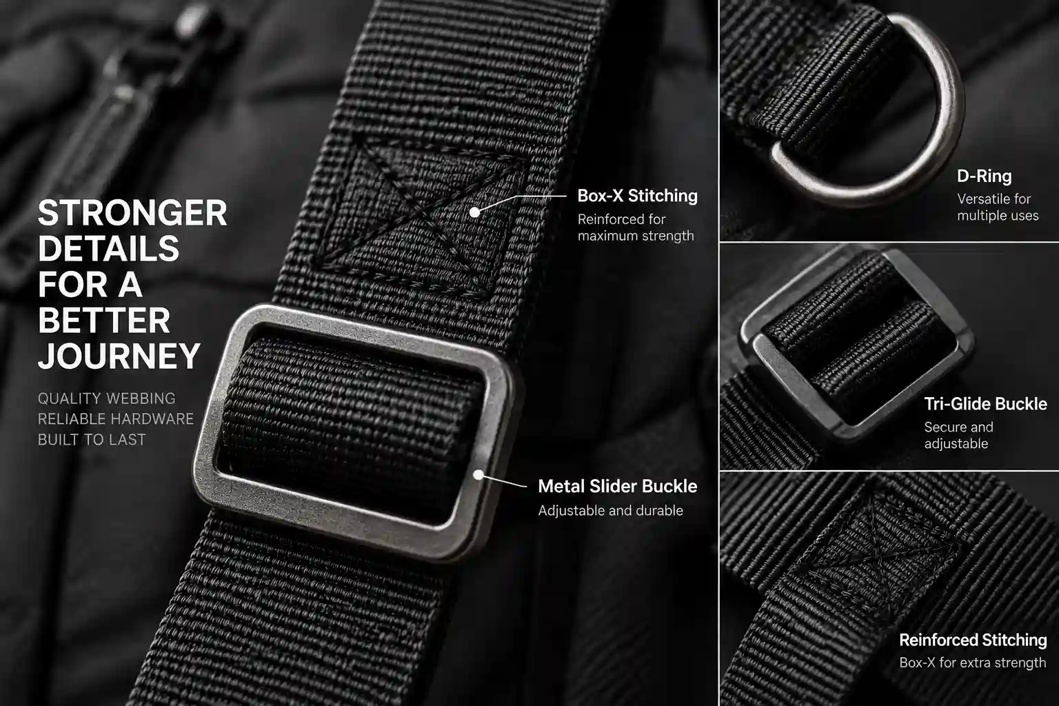 Reinforced box-x stitching and metal slider buckle on a black nylon bag strap