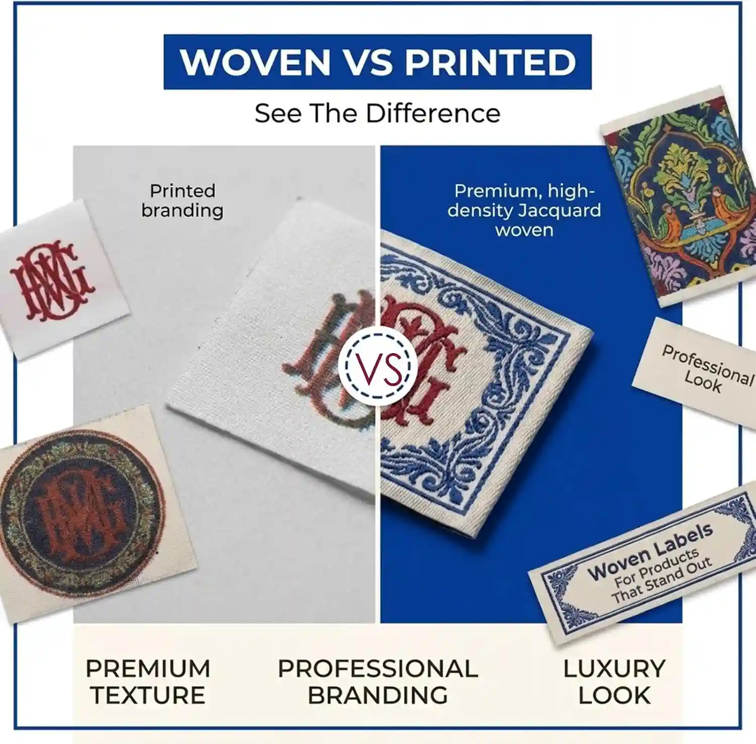 Custom Woven & Printed Labels 2.5×2.5cm | Premium Fabric Labels for Clothing Brands