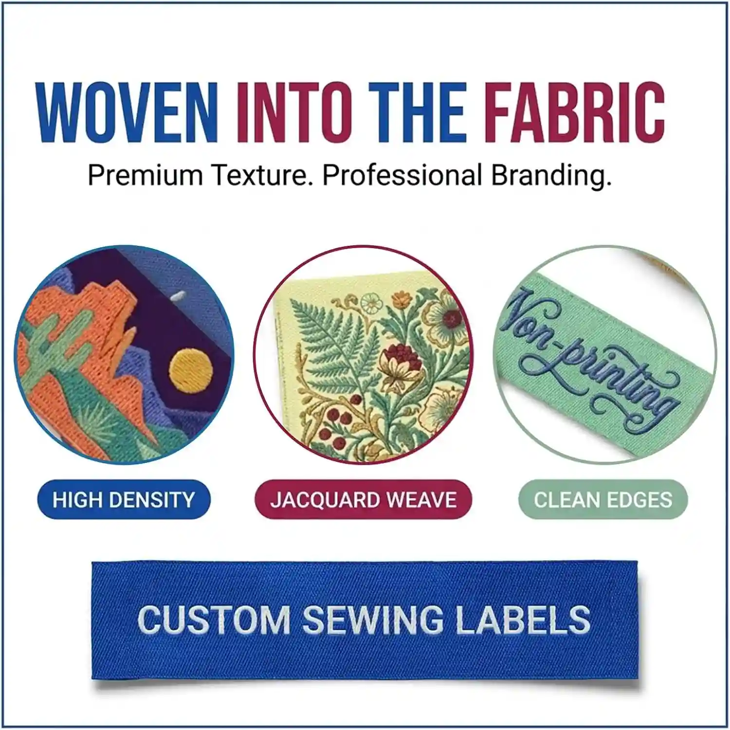 Custom Woven & Printed Labels 2.5×2.5cm | Premium Fabric Labels for Clothing Brands
