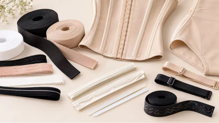 elastic trims, straps, and boning casing alongside structured lingerie