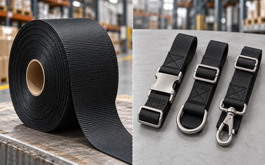 Black nylon webbing roll compared with finished webbing straps featuring metal buckles, D-rings and reinforced stitching.