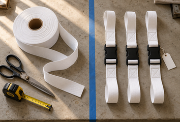 Close-up of a black nylon webbing strap with metal D-ring, reinforced stitching, colored inspection markers and digital caliper for quality control.