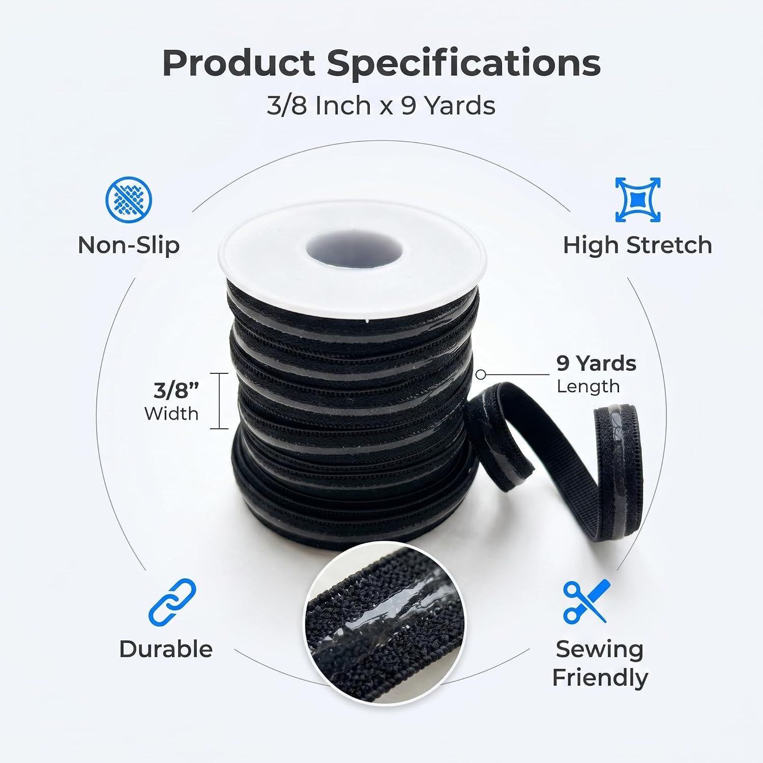 3/8 Inch Silicone Non-Slip Elastic Band, 9-Yard Roll